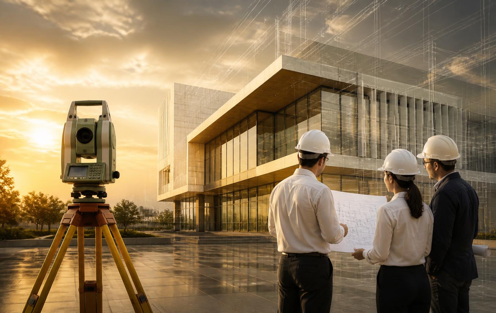 مشروع هندسي حديث مع مخططات وأجهزة مساحية وفريق مهندسين